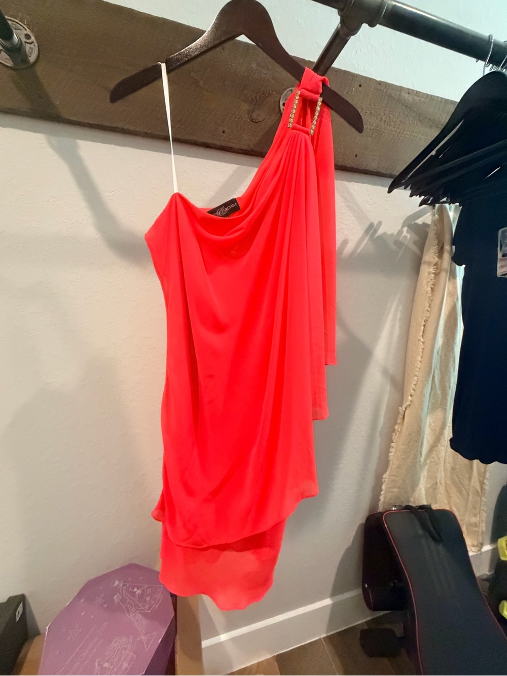 Adam One-Shoulder Coral-Red Dress with Chain Strap